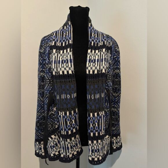 ODD MOLLY Boho Scandi Blue Black Wool Shawl Collar Embroidered Knit Cardigan M - Picture 5 of 11
